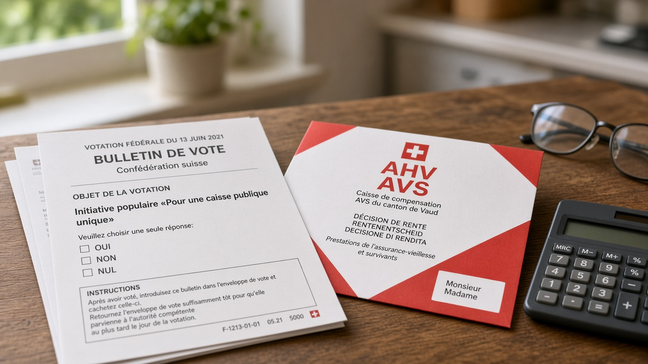Swiss voting ballot papers and an AHV pension statement on a wooden table beside a calculator and reading glasses