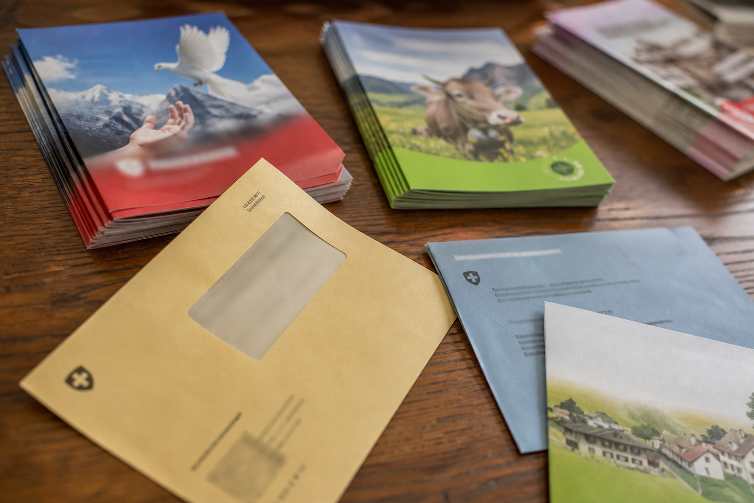 Referendum campaign leaflets and a ballot envelope on a wooden table