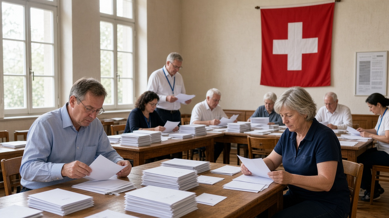 Officials counting paper ballots at long tables in a Swiss communal hall beneath a Swiss flag