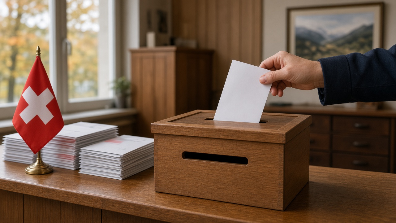 A hand posting an official Swiss voting envelope into a wooden communal ballot box, with stacks of returned postal ballots on the counter
