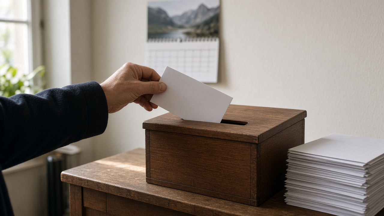 A hand posting an official Swiss voting envelope into a wooden ballot box, with stacks of returned envelopes on the counter