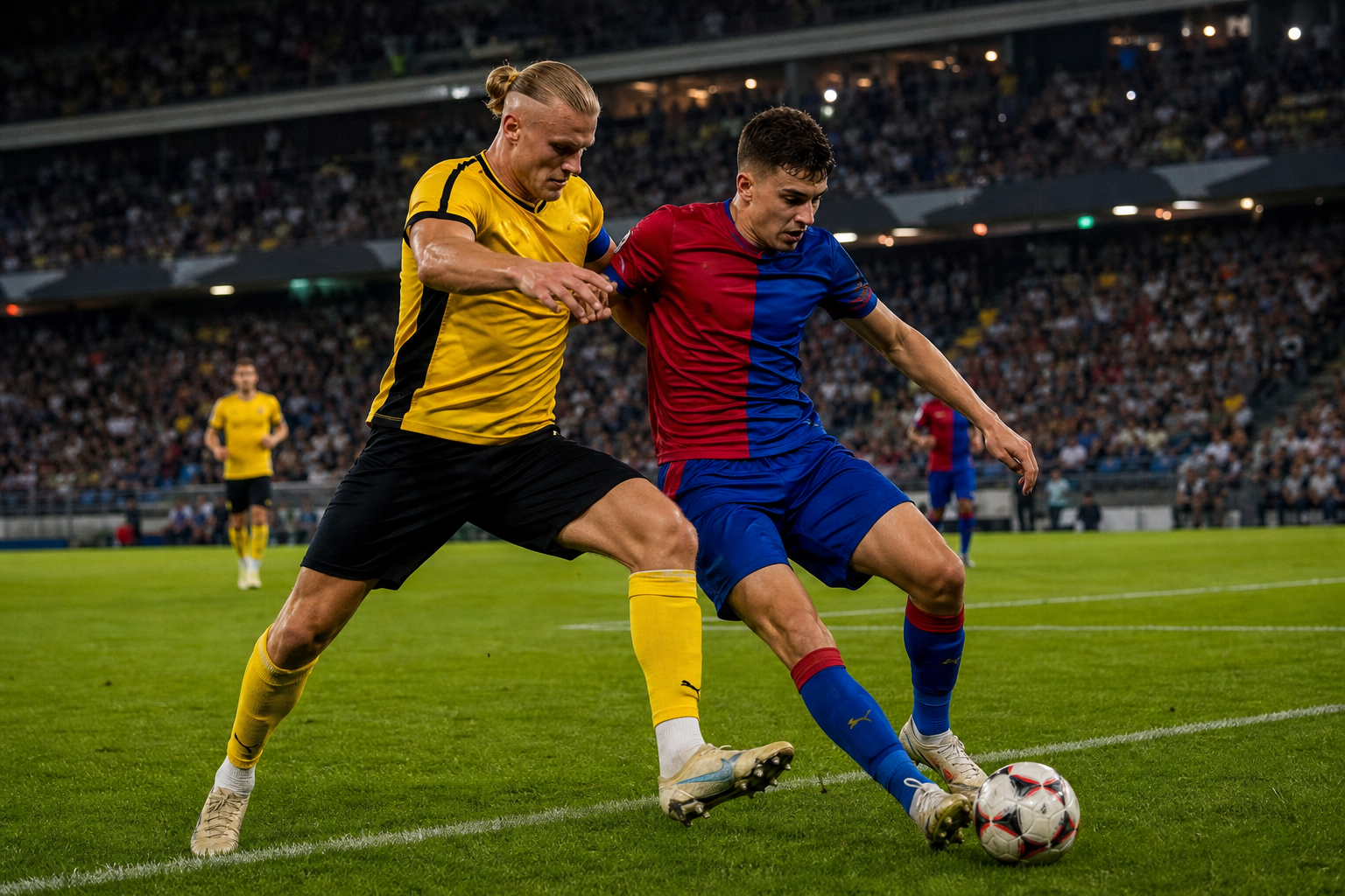 A packed football stadium under floodlights during a night match