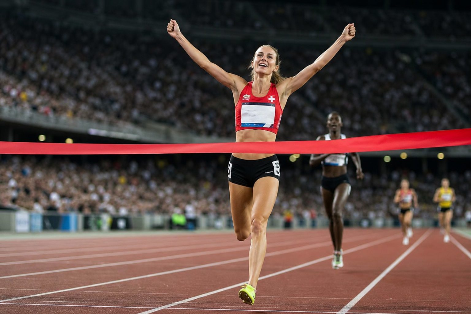 A packed athletics stadium at night as a runner crosses the finish line under floodlights