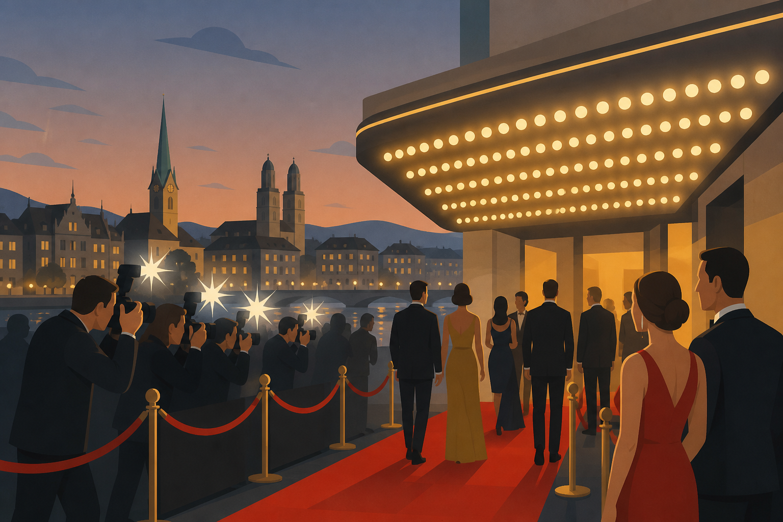 Photographers with raised cameras along a red carpet outside a Zurich cinema at dusk