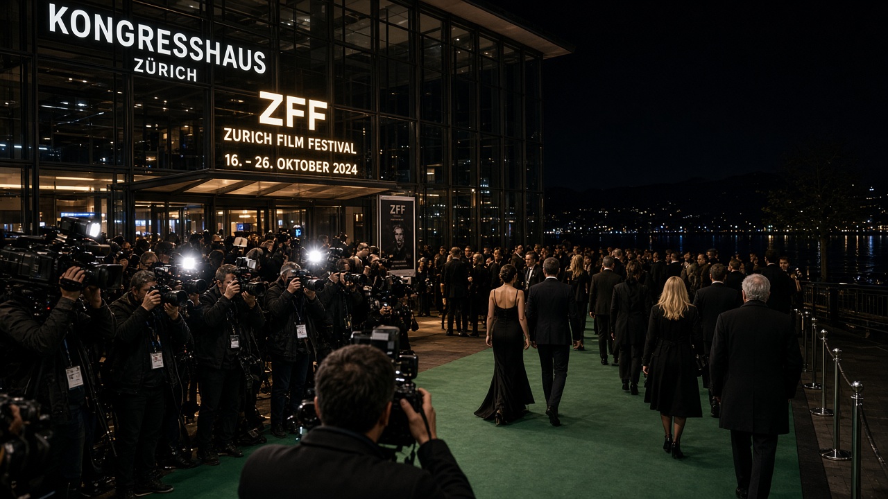 Photographers with raised cameras along the green carpet outside the Kongresshaus in Zurich at night