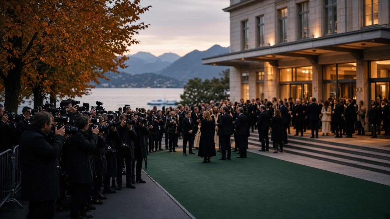 A green carpet and photographers outside a lakeside congress hall in Zurich at dusk