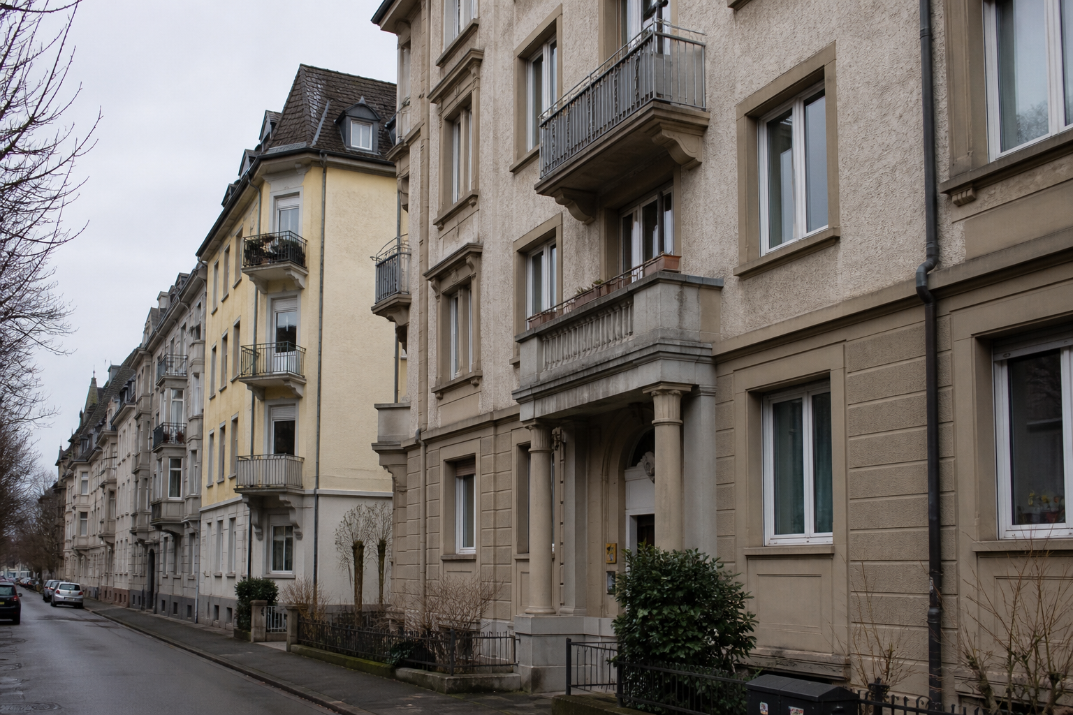 A residential street of apartment buildings in Zurich