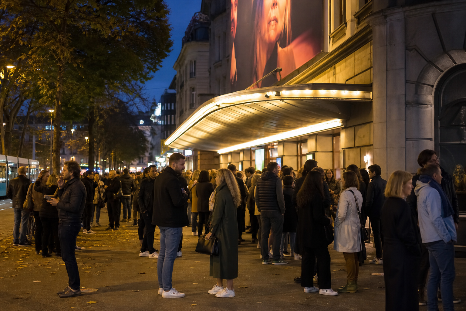 An evening crowd outside a Zurich cinema during the film festival